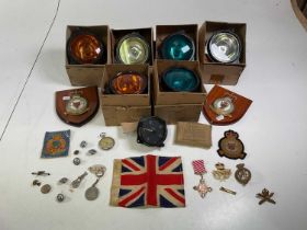 A quantity of militaria to include six aircraft landing lights, a airspeed indicator Mark 1B No.