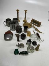 A mixed lot of collectors' items, including a malachite frog, brass and pewter items, etc.