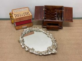 A wooden desk tidy, decorative mirror, and an accordion (3)