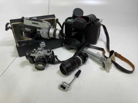 A Pentax Asahi camera SP 1460337, assorted lenses and a Canon Super 8 cine camera
