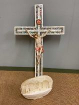 RELIGIOUS INTEREST; a carved shell nativity scene, and a crucifix, 65 x 40cm (2)