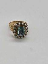 A mid-Victorian yellow metal dress ring with aquamarine coloured central stone (foil backed)