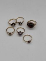 Six 9ct yellow gold dress rings, various sizes, combined approx. 12.8g (6).