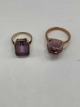 A yellow metal dress ring set with pale purple stone, size H and a further dress ring, size P,