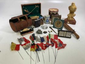 A mixed lot of collectors' items, including miniature flags, a Meerschaum pipe, Royal Air Force