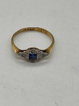 An 18ct yellow gold platinum tipped sapphire and diamond chip Art Deco design ring, size J1/2,