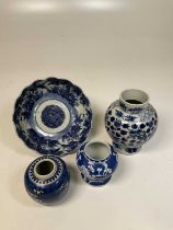 A 19th century blue and white vase (badly af), a small Chinese ginger jar, blue and white baluster