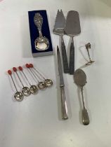 A set of five silver coffee bean spoons, Norwegian pewter spoons and other items