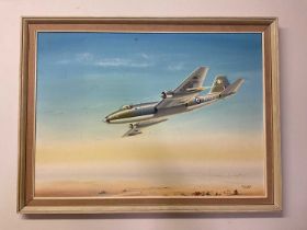 CHRISTOPHER GOLDS; oil on board, fighter jet, signed lower right, 55 x 74cm, framed