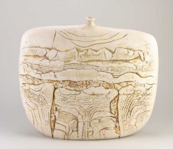 PETER HAYES (born 1946); a large raku bottle with fractured white surface and ochre highlights,