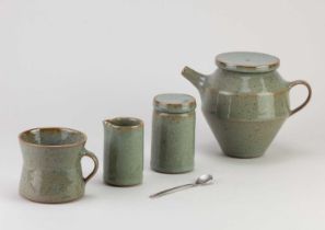 FLORIAN GADSBY (born 1992); ‘Teaware for One’, a stoneware tea set covered in green/grey feldspathic