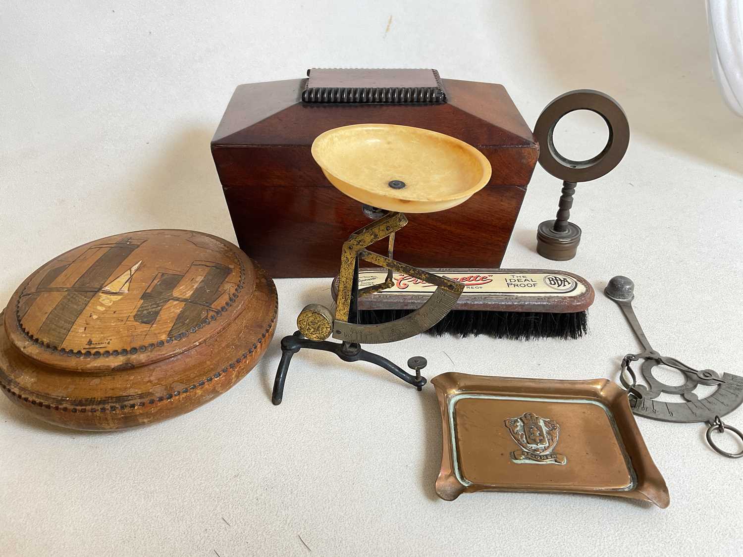 A Victorian tea caddy and other treen and metal items