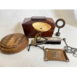 A Victorian tea caddy and other treen and metal items