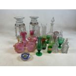 A collection of glassware including a pair of table lustres (af), decanters, Bohemian glass and