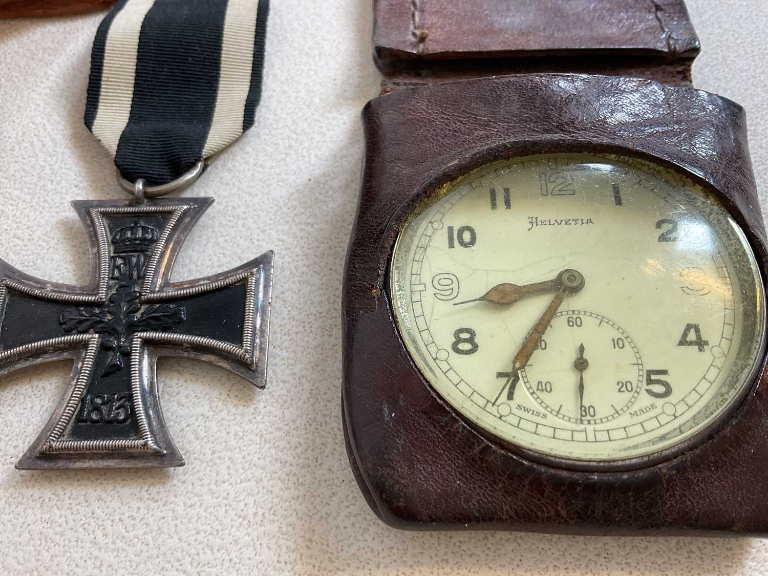 A small carved box, an Iron Cross, base metal vesta case, pocket watch, and badge. - Image 2 of 8