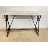 A marble topped console table with metal base table, height 76cm, width, 122cm, depth 53cm.