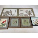 A pair of silk needlework Chinese pictures, 43 x 57cm, and other Oriental inspired artwork, framed