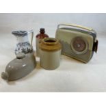 A vintage Bush Radio, three stoneware items and a transfer printed jug