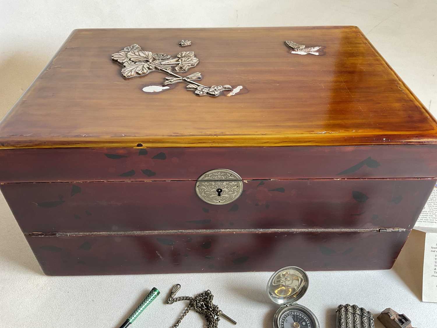 Oriental lacquered box and contents to include compass and vesta etc.Dimensions: W 39.5cm x H 19 - Image 2 of 9