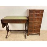 A serpentine fronted chest of drawers, and a leather topped drop-end sofa table with two drawers,