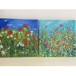 † ROZ WILSON; pair of acrylics on canvas, floral studies, each 50 x 50cm, unframed.