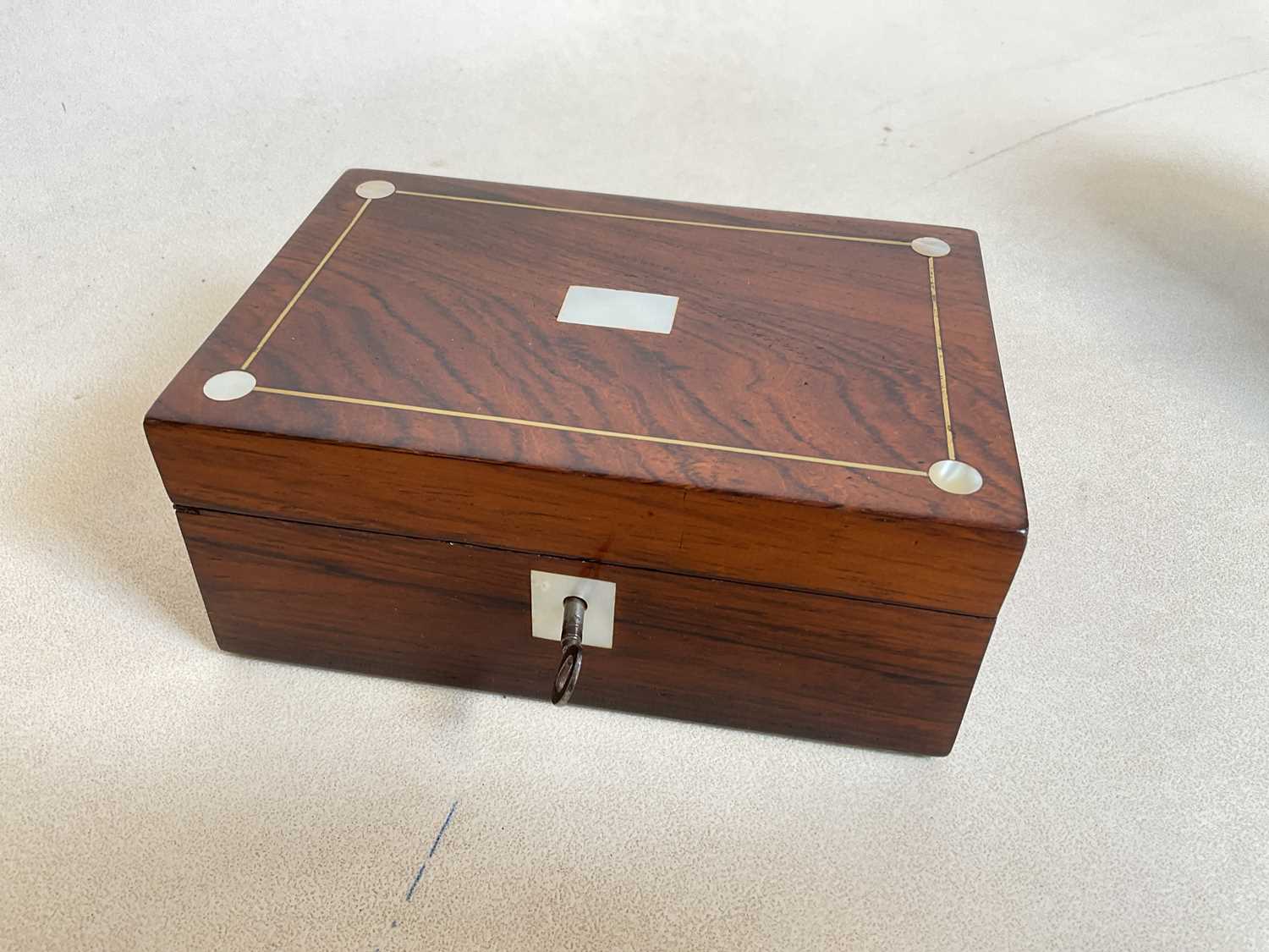 A Victorian coromandel veneered and brass strap detailed dome topped box, width 22cm, also a small - Image 7 of 8