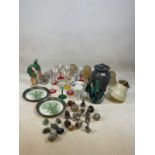 A Mdina style glass vase, a Simon Eeles lidded pot, cloisonné miniatures, vintage glass shades,