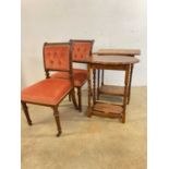 A pair of upholstered chairs also with two oak occasional tables.Dimensions: 60cm x 45cm h72 cm.