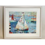 † SALLY ANNE FITTER; oil on board, study of boats with coastal landscape beyond, signed, bearing