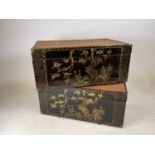 A pair of Oriental inspired lacquered rectangular trunks, width 61cm.