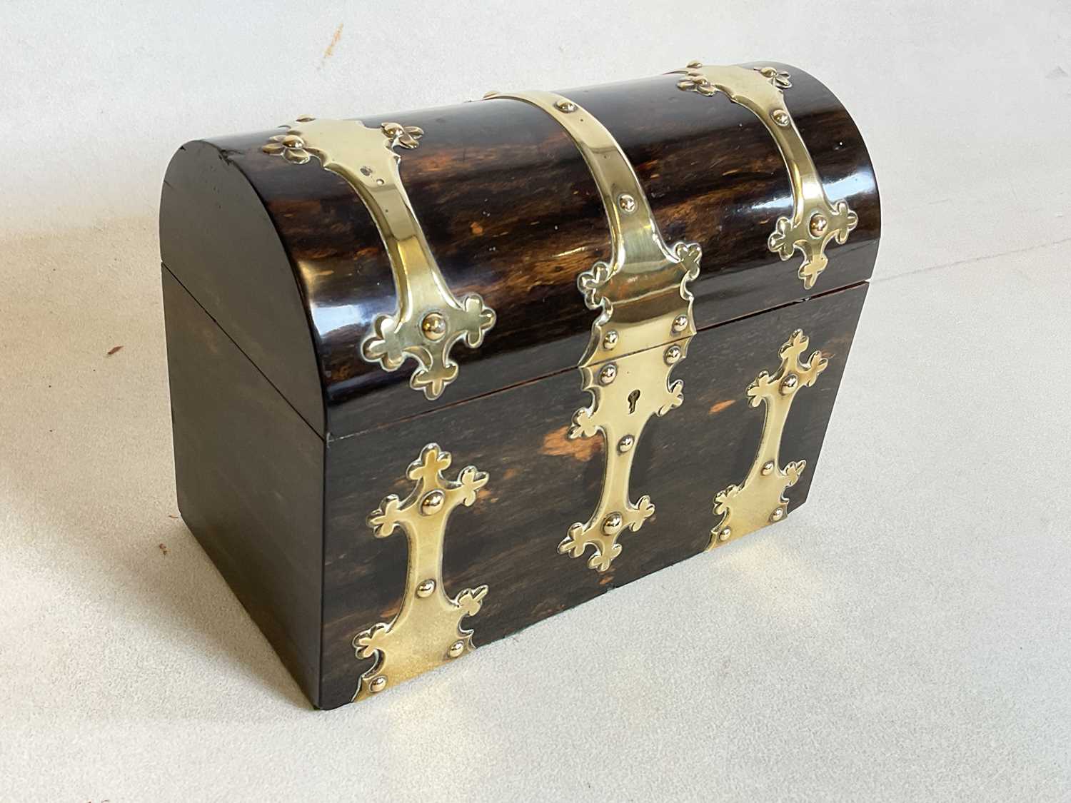 A Victorian coromandel veneered and brass strap detailed dome topped box, width 22cm, also a small - Image 2 of 8