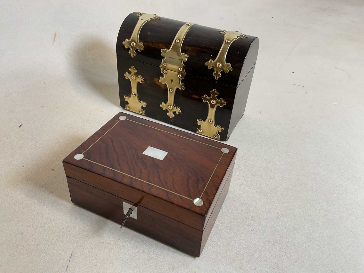 A Victorian coromandel veneered and brass strap detailed dome topped box, width 22cm, also a small - Image 6 of 8