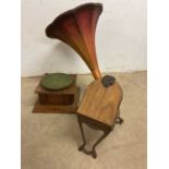 A pair of bellows and a gramophone with large tin horn, also a vintage telephone and vinyl