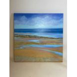 † SANDRA FRANCIS; oil on canvas, beach scene with land beyond, signed with initials, 80 x 80cm,
