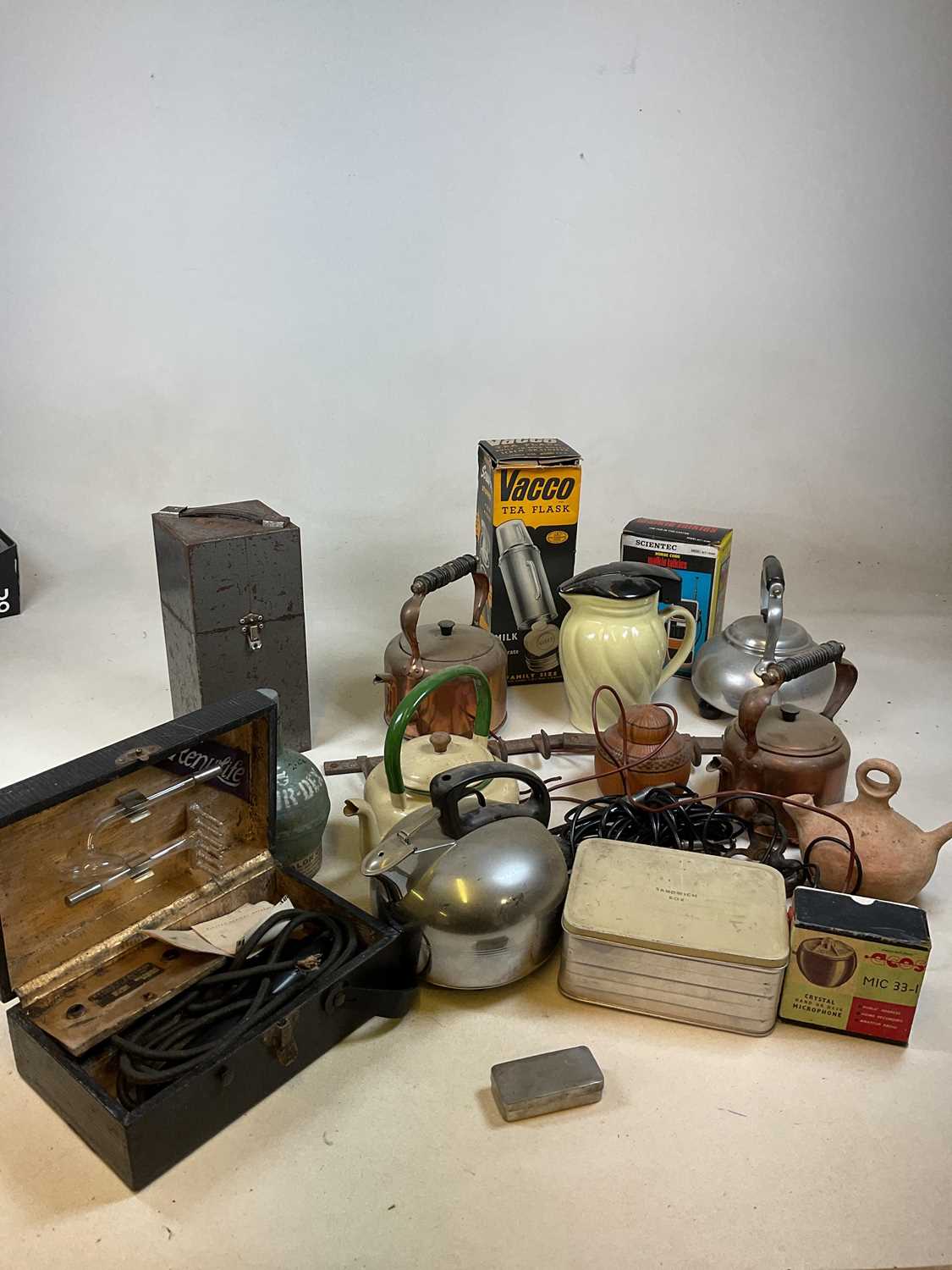 Kitchenalia and other items including kettles, Thermos flasks, cast iron hooks, a vintage Calor