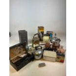 Kitchenalia and other items including kettles, Thermos flasks, cast iron hooks, a vintage Calor