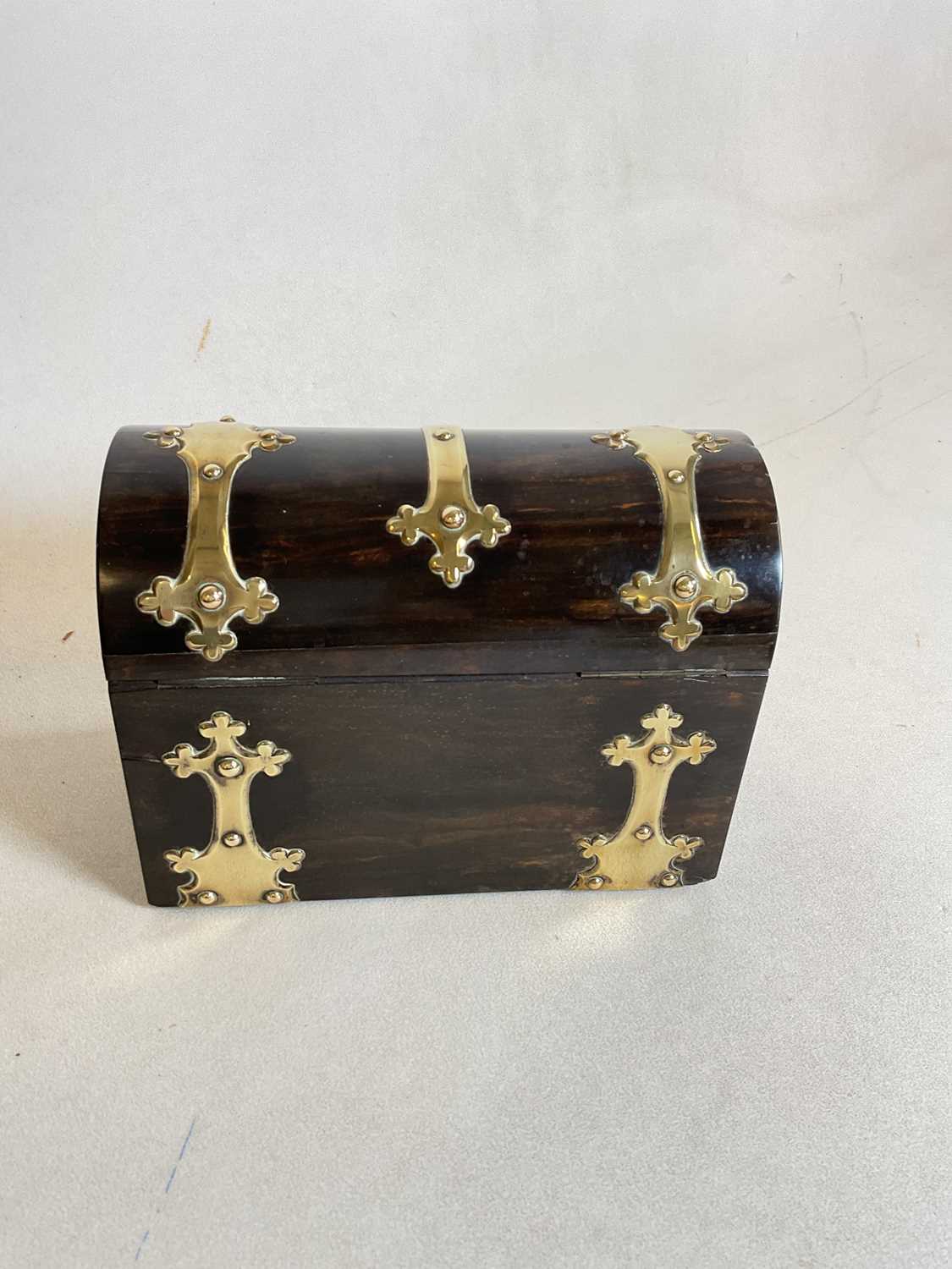 A Victorian coromandel veneered and brass strap detailed dome topped box, width 22cm, also a small - Image 5 of 8