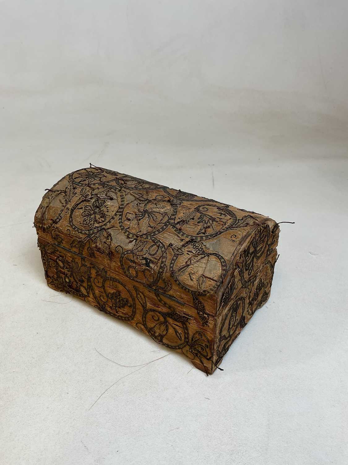 A early needlework dome topped casket, 13 x 24 x 14cm.Condition Report: Please see close up photos - Image 2 of 12