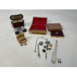 A small collection of costume jewellery, a pair of cased opera glasses, and a vintage Gucci