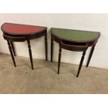 A pair of reproduction demi-lune hall tables with leather tops and drawer to front, height 73cm,