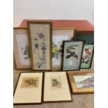 A Lloyd Loom style linen box, also a collection of Oriental style pictures and prints.