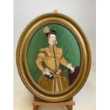 A Victorian fabric portrait depicting Robert Dudley, Earl of Leicester, embellished with a feather