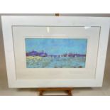 † TONY ALLAIN; pastel on sanded paper, 'Shipping Off Murano', signed, 25 x 50cm, framed and glazed.