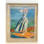 T. LEIGH; oil on board, study of a woman wearing dress with coastal landscape beyond, signed to back