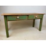 A vintage distressed green painted two drawer low table, height 60cm, width 120cm, depth 50cm.