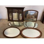 A collection of 6 mirrors, including an overmantel mirror, height 73cm, width 98cm.