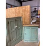 Two green painted pine kitchen cupboards, double door example, height 140cm, width 93cm, depth