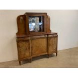 French marble topped walnut veneered buffet or sideboard, with upper glazed mirror backed cabinet on