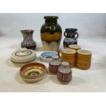 A collection of ceramics including a fat lava vase, height 29cm, with another, and three items of