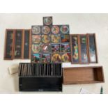 A quantity of magic lantern slides, including standard historical examples, also wooden framed